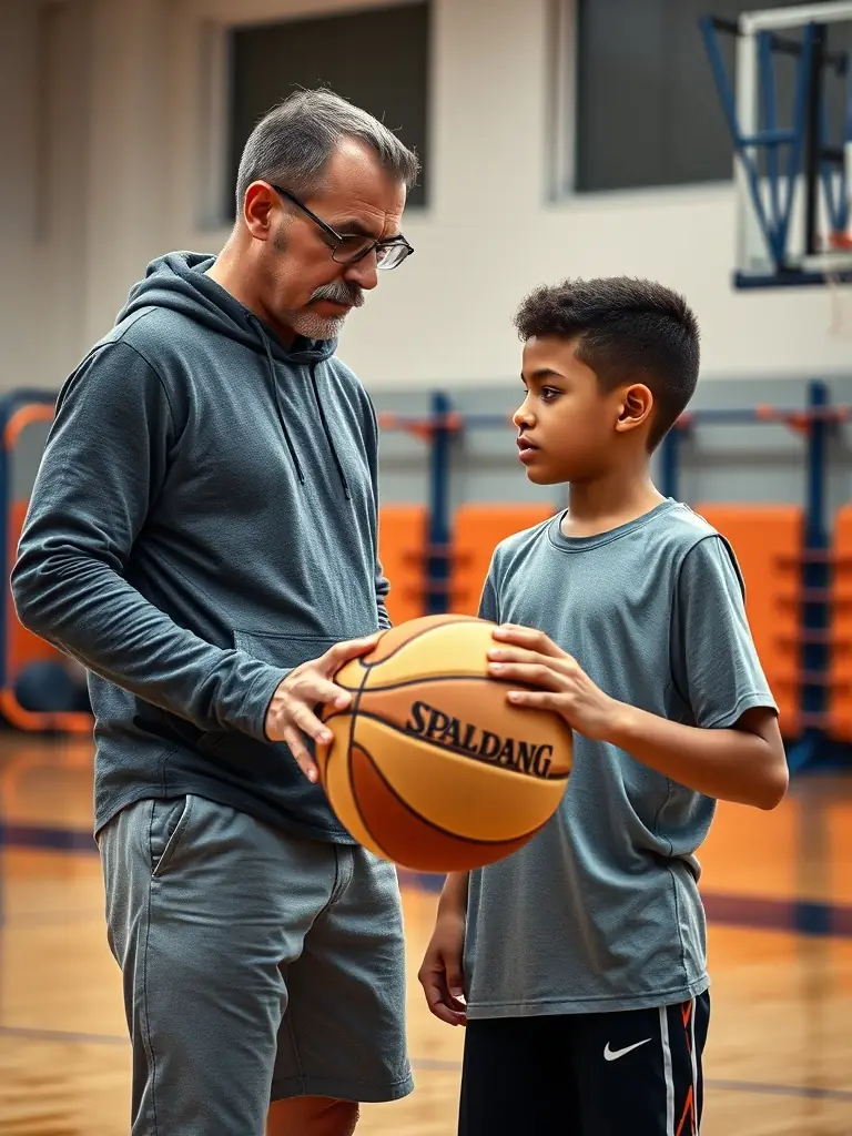 A focused image of a coach providing personalized training to a basketball player at BASKET BALL AUVEZERE, highlighting the organization's dedication to individual player development.