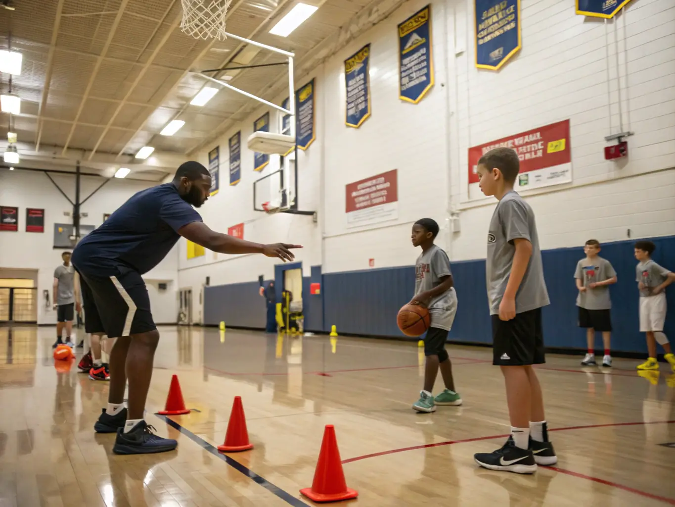 A BASKET BALL AUVEZERE coach is demonstrating a basketball technique to a group of players during a training clinic. The image highlights the personalized instruction and skill enhancement opportunities provided by the organization.