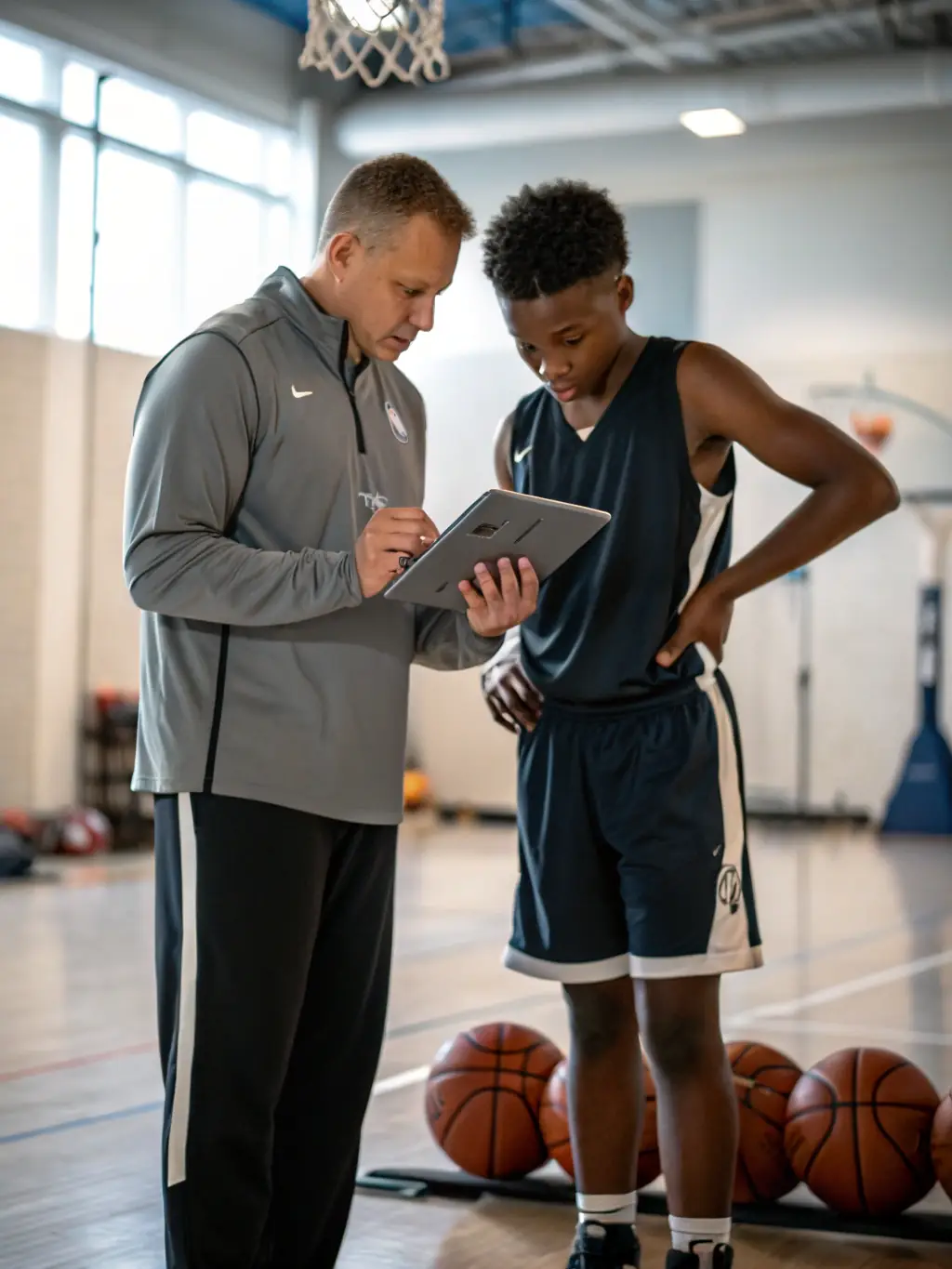 A focused image of a coach providing personalized instruction to a player, emphasizing skill refinement and individual growth.