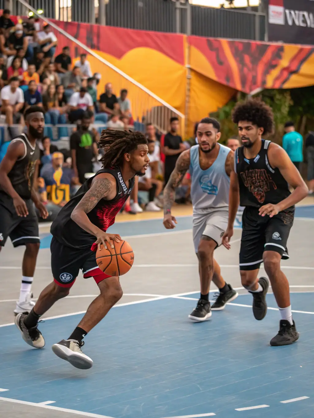A dynamic shot of adult basketball players in a competitive game organized by BASKET BALL AUVEZERE, showcasing the intensity and camaraderie of the sport.