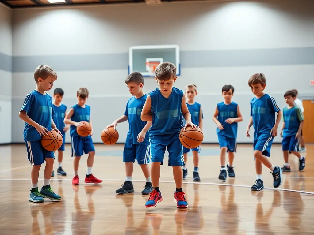 A group of young basketball players in BASKET BALL AUVEZERE's youth program are practicing dribbling skills during a training session. The image captures their focus and enthusiasm, highlighting the program's emphasis on skill development and teamwork.
