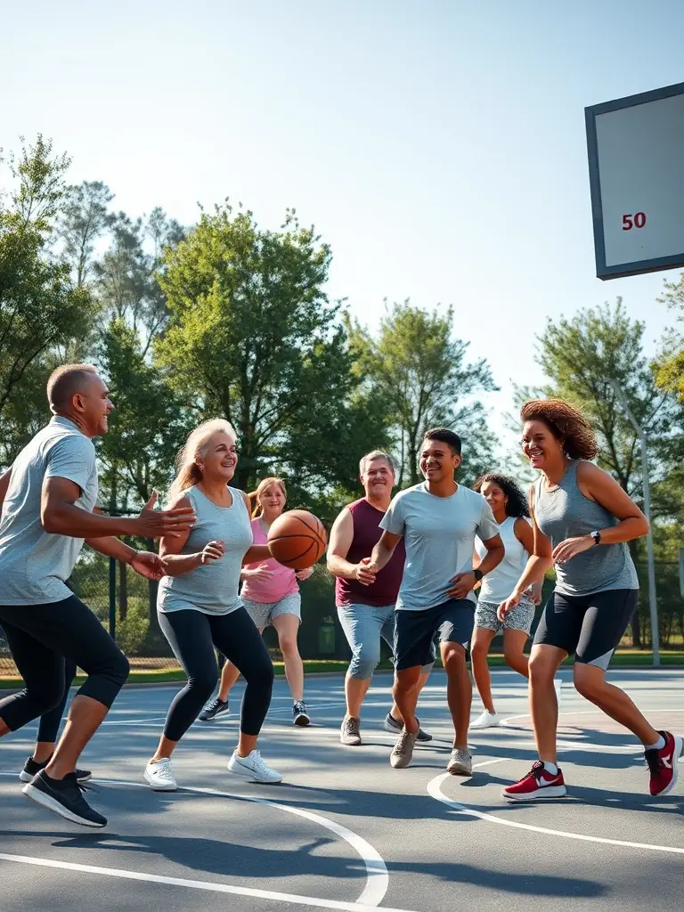 An inclusive image of players of different ages and abilities participating in a basketball clinic, highlighting the organization's commitment to diversity.