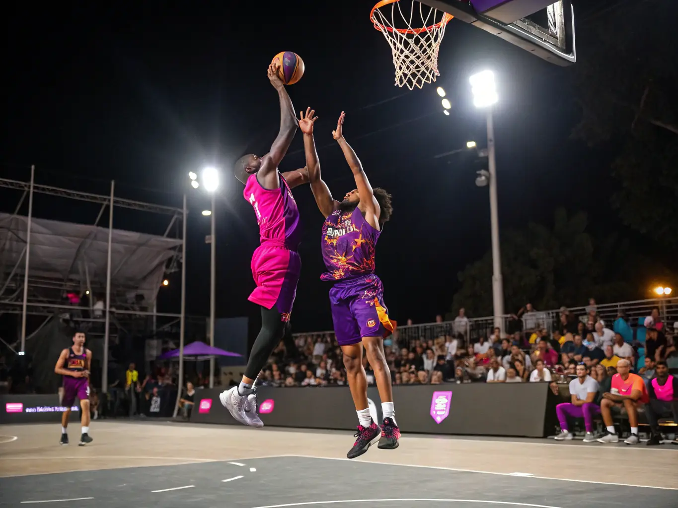 A dynamic shot of adult players participating in a BASKET BALL AUVEZERE league game. The image showcases the competitive spirit and camaraderie among the players, emphasizing the league's focus on fitness and community engagement.