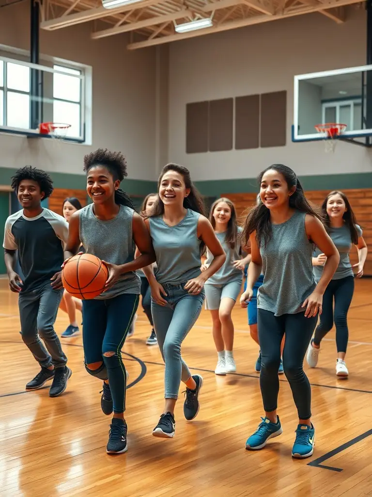 An inclusive image of both male and female players participating in a mixed basketball activity at BASKET BALL AUVEZERE, emphasizing the organization's commitment to equality and diversity.