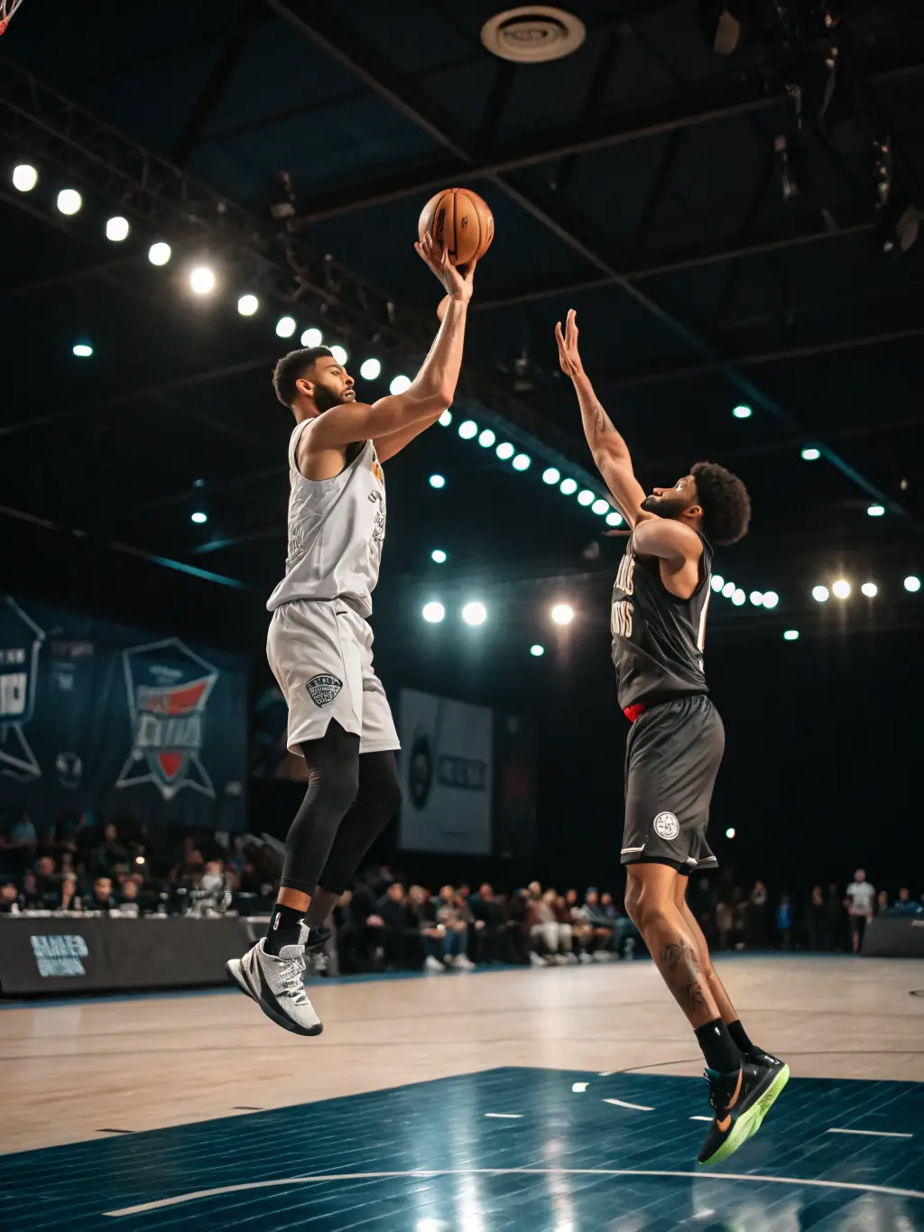 A dynamic shot of adult basketball players in a competitive game, showcasing speed, agility, and strategic play.