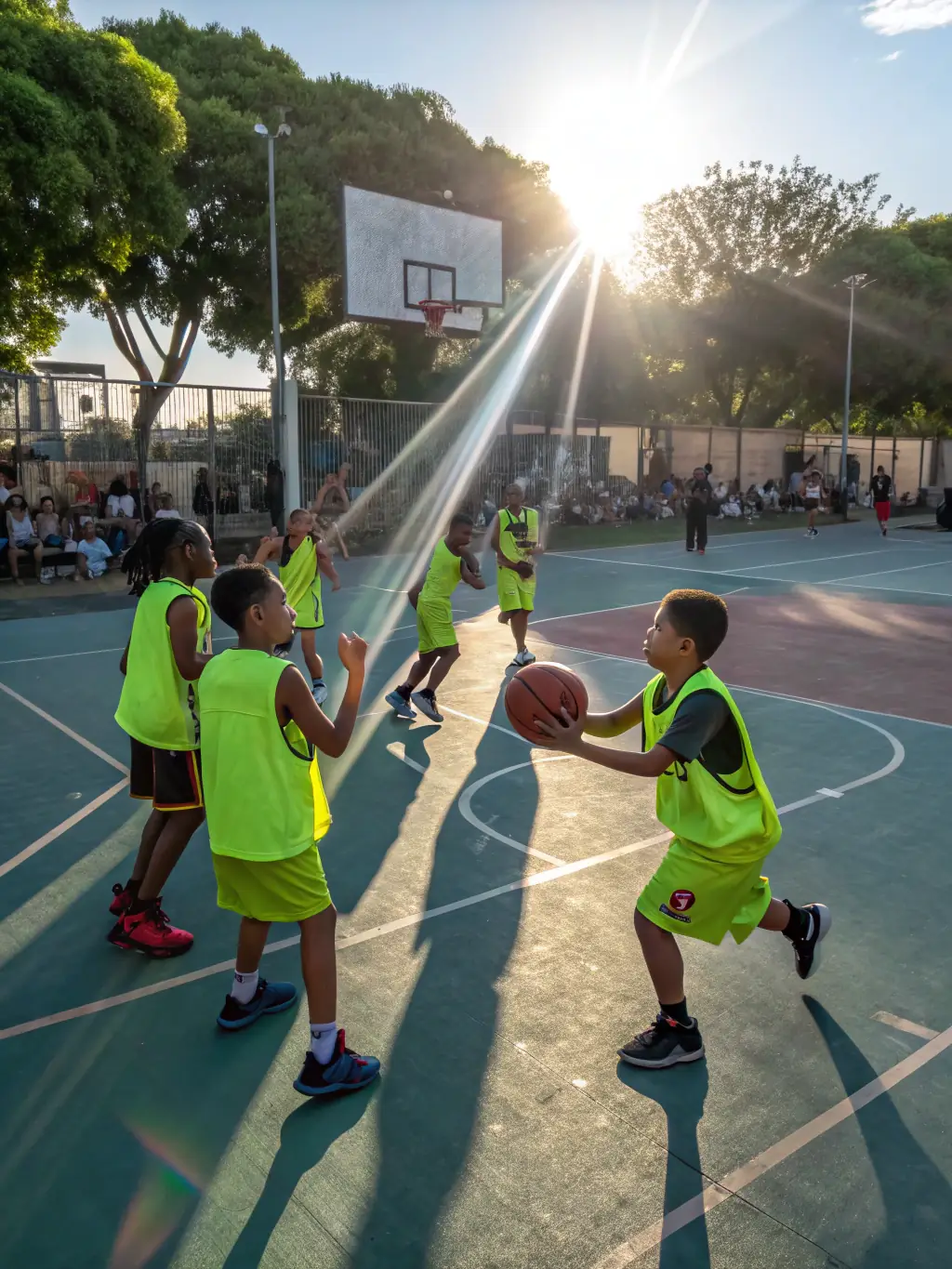 A vibrant image of young basketball players participating in a training session at BASKET BALL AUVEZERE, focusing on teamwork and skill development.
